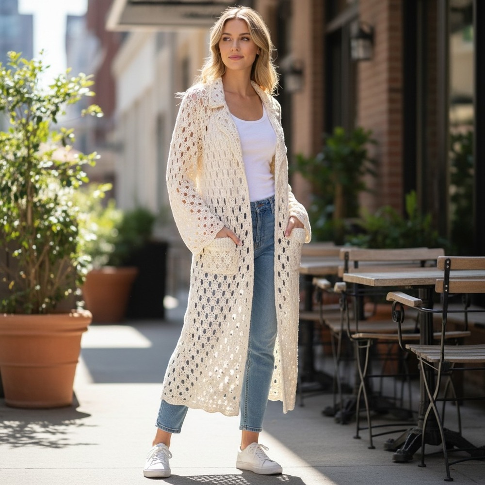 Vintage Y2K F21 Twenty One Cream Crochet Longline Duster Cardigan Sweater Large